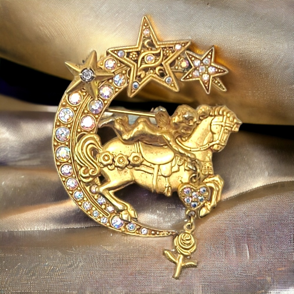 Kirks Folly Fantasy Cherub Horse Brooch AB Rhinestone Moon Stars Gold Tone Pin